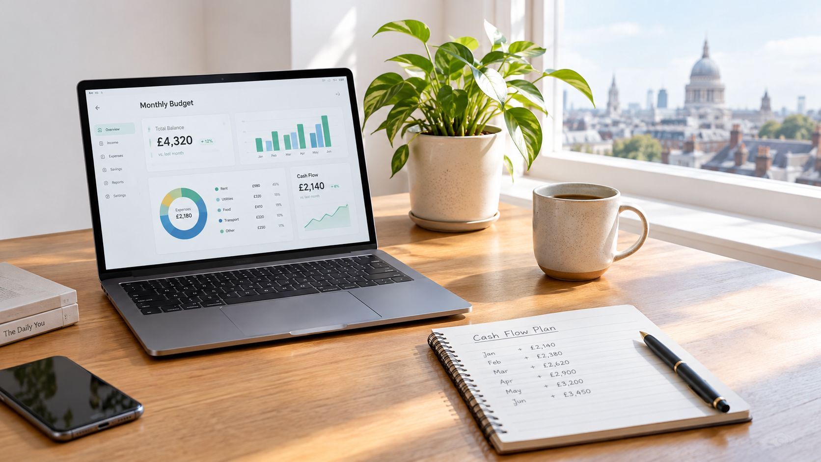 A laptop showing financial budget data with a notepad and coffee on a sunny wooden desk.