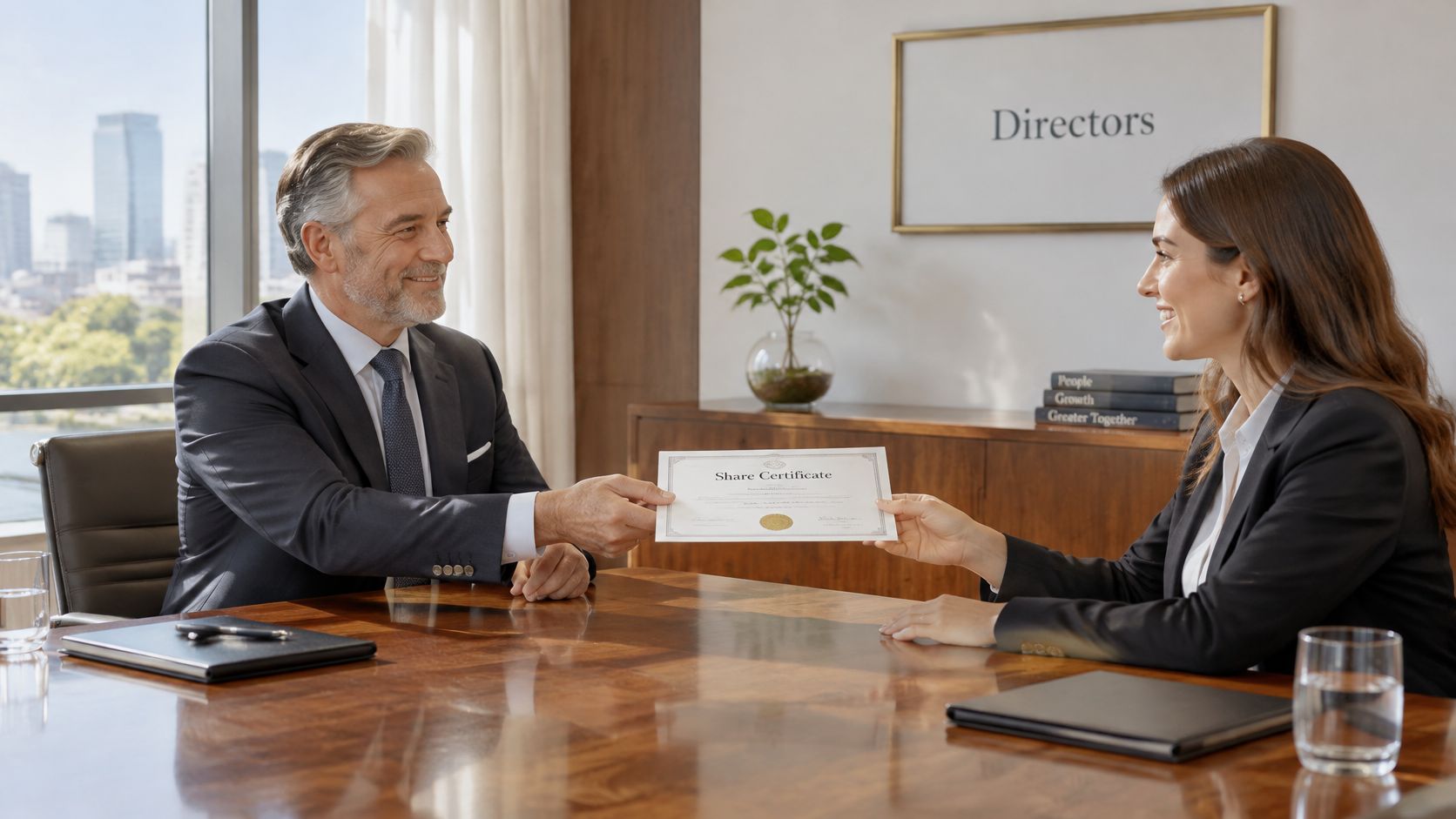 A professional man and woman sitting at a table exchanging a business share certificate in an office.