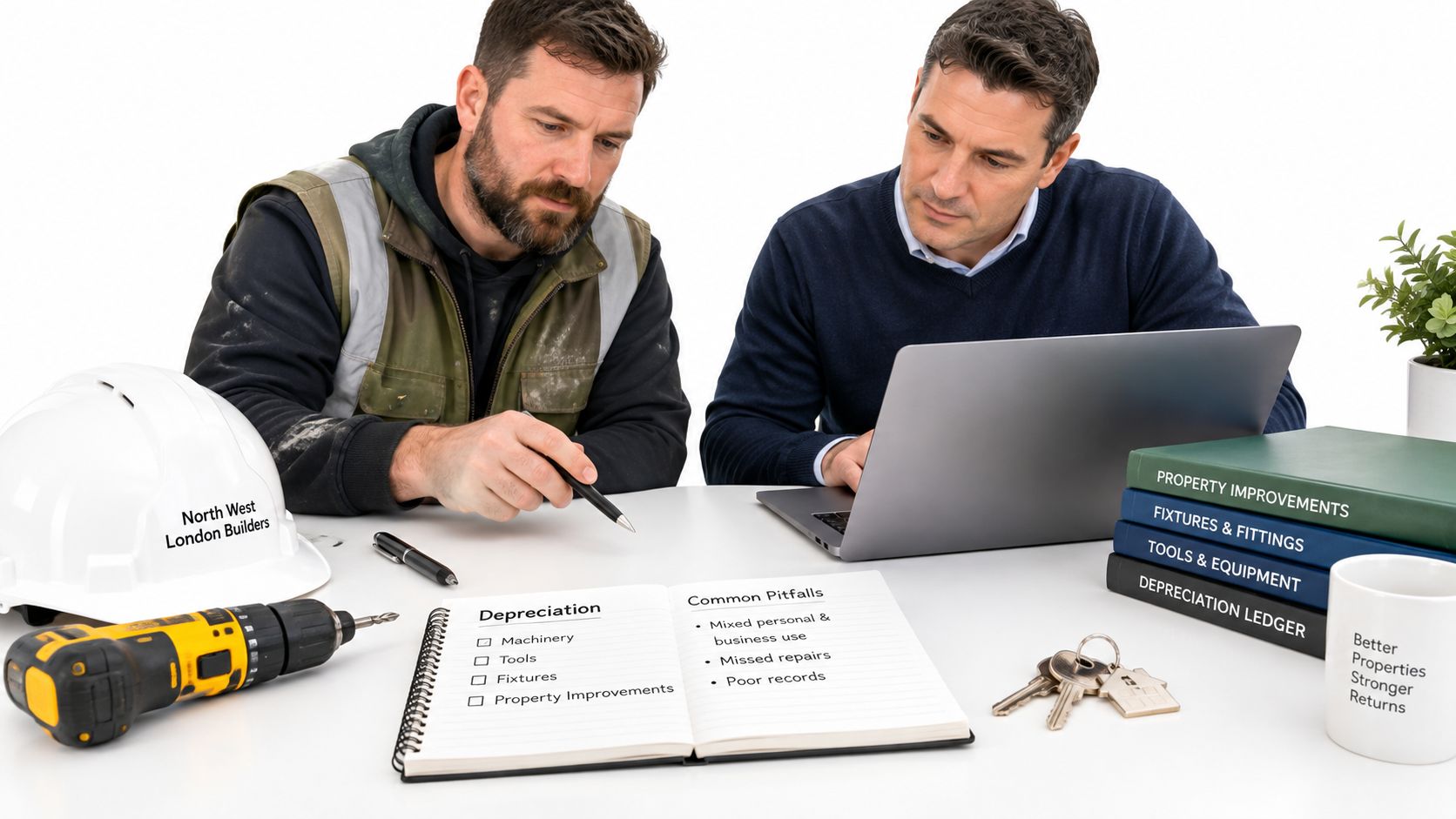 A construction builder and a business advisor discuss depreciation and common financial pitfalls at a desk.