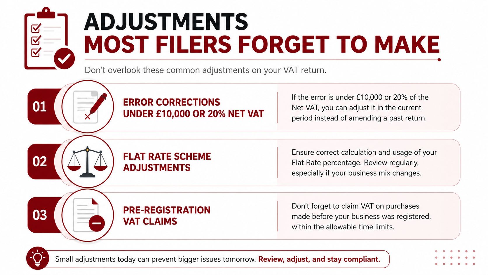 An infographic titled Adjustments Most Filers Forget to Make, listing three key tips for VAT returns.