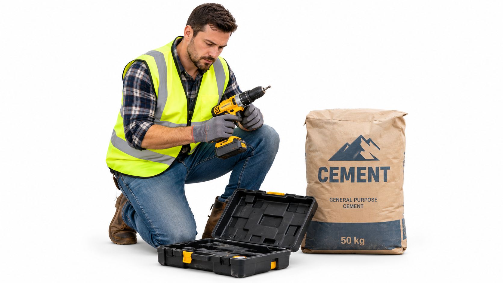A construction worker in a high-visibility vest kneels beside a large cement bag and toolbox.
