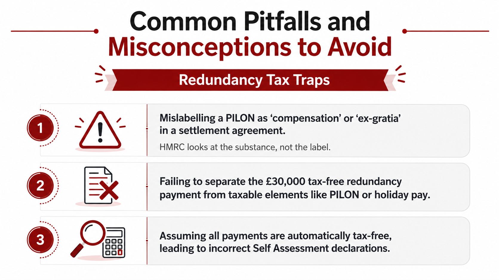 An infographic listing three common redundancy tax traps to avoid when receiving a settlement agreement.