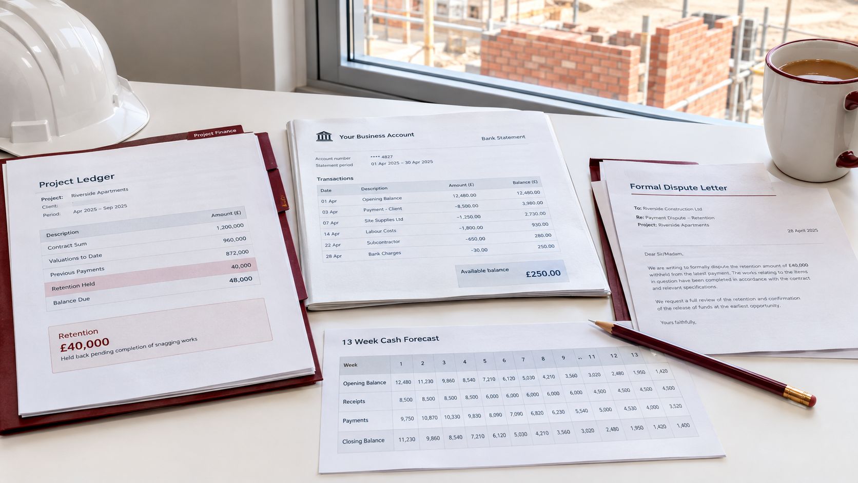 A professional construction office desk showing financial documents like a project ledger, bank statement, and cash forecast.
