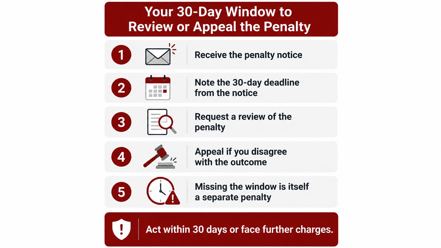 A five-step infographic explaining the 30-day process for reviewing or appealing a tax penalty notice.