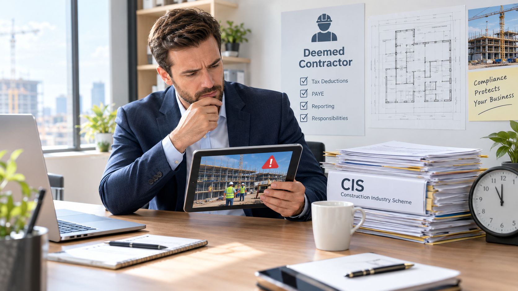 A professional man in a business suit reviewing construction site compliance on a tablet at his desk.