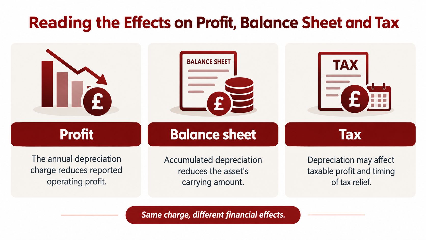 An infographic illustrating how depreciation affects profit, the balance sheet, and tax calculations for a business.