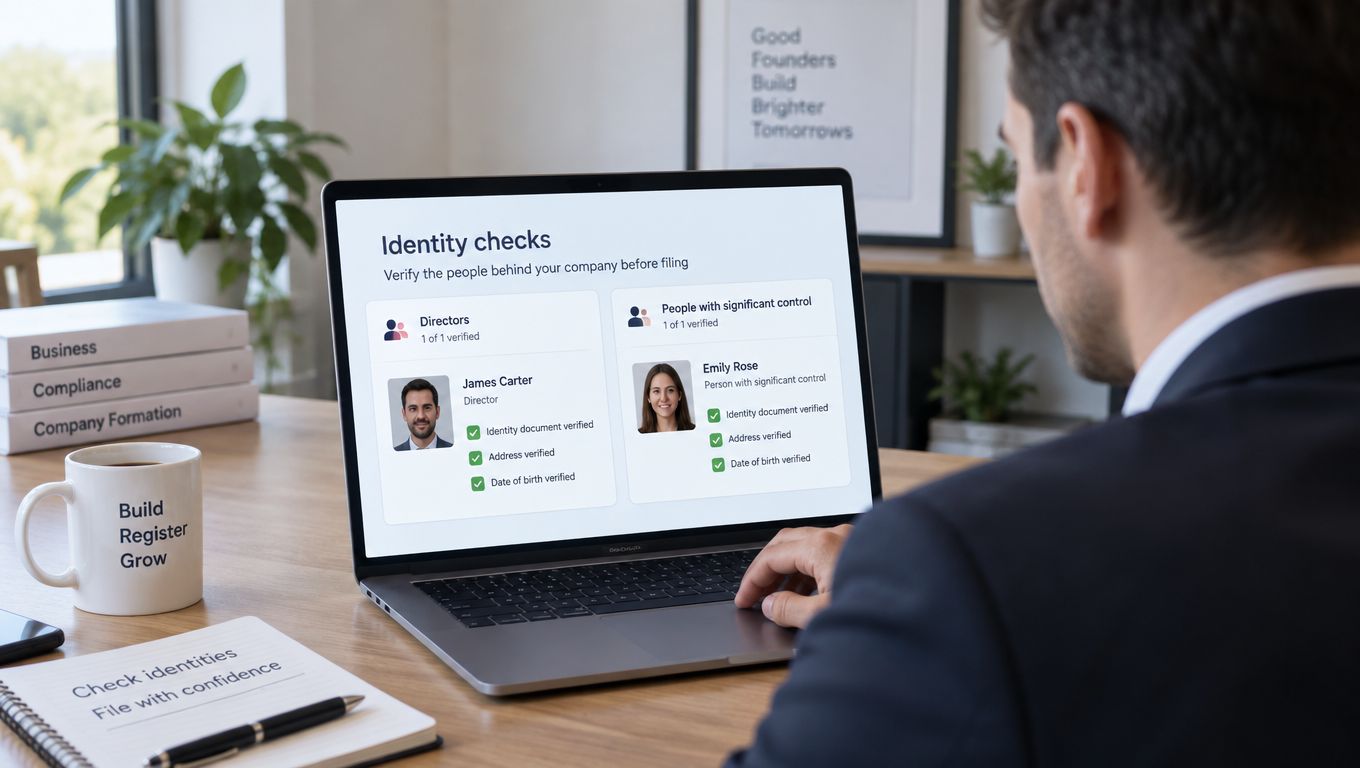 A professional man in a suit checking company identity verification statuses on his laptop screen.
