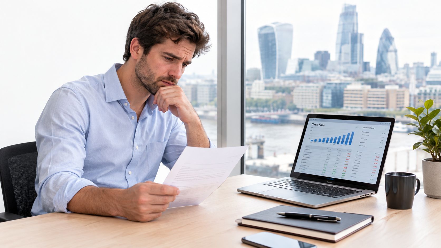 A professional man sits at a desk analyzing financial documents while looking at a cash flow chart.