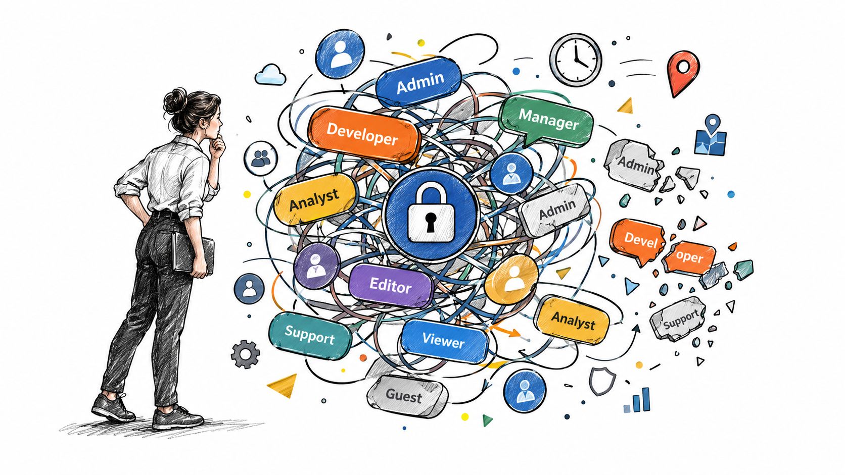 A businesswoman contemplating a complex tangle of role-based access control labels surrounding a central padlock icon.