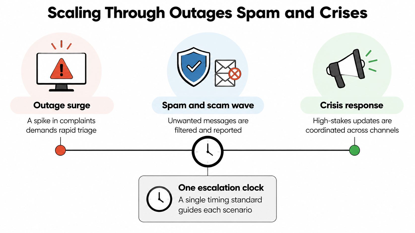 A diagram illustrating three business operational scenarios: outage surge, spam waves, and crisis response, using one escalation clock.