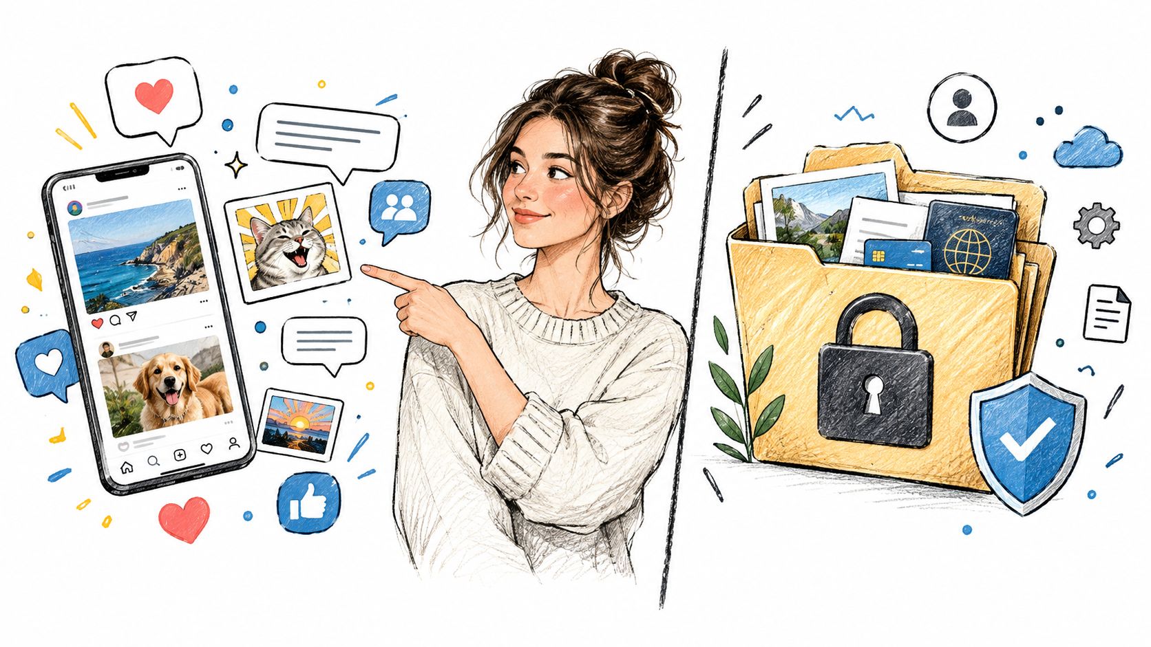 A young woman contrasting a social media feed with a secure personal document folder and protective shield.
