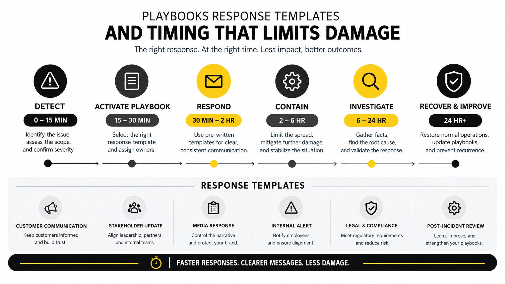 A diagram outlining the timeline and response templates for effective crisis communication and incident management strategies.