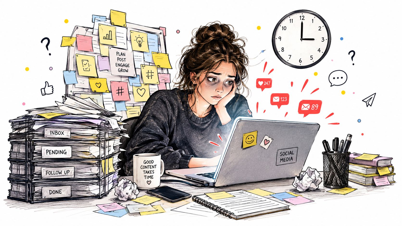 A tired woman working at a messy desk with piles of paperwork and notifications on her laptop.