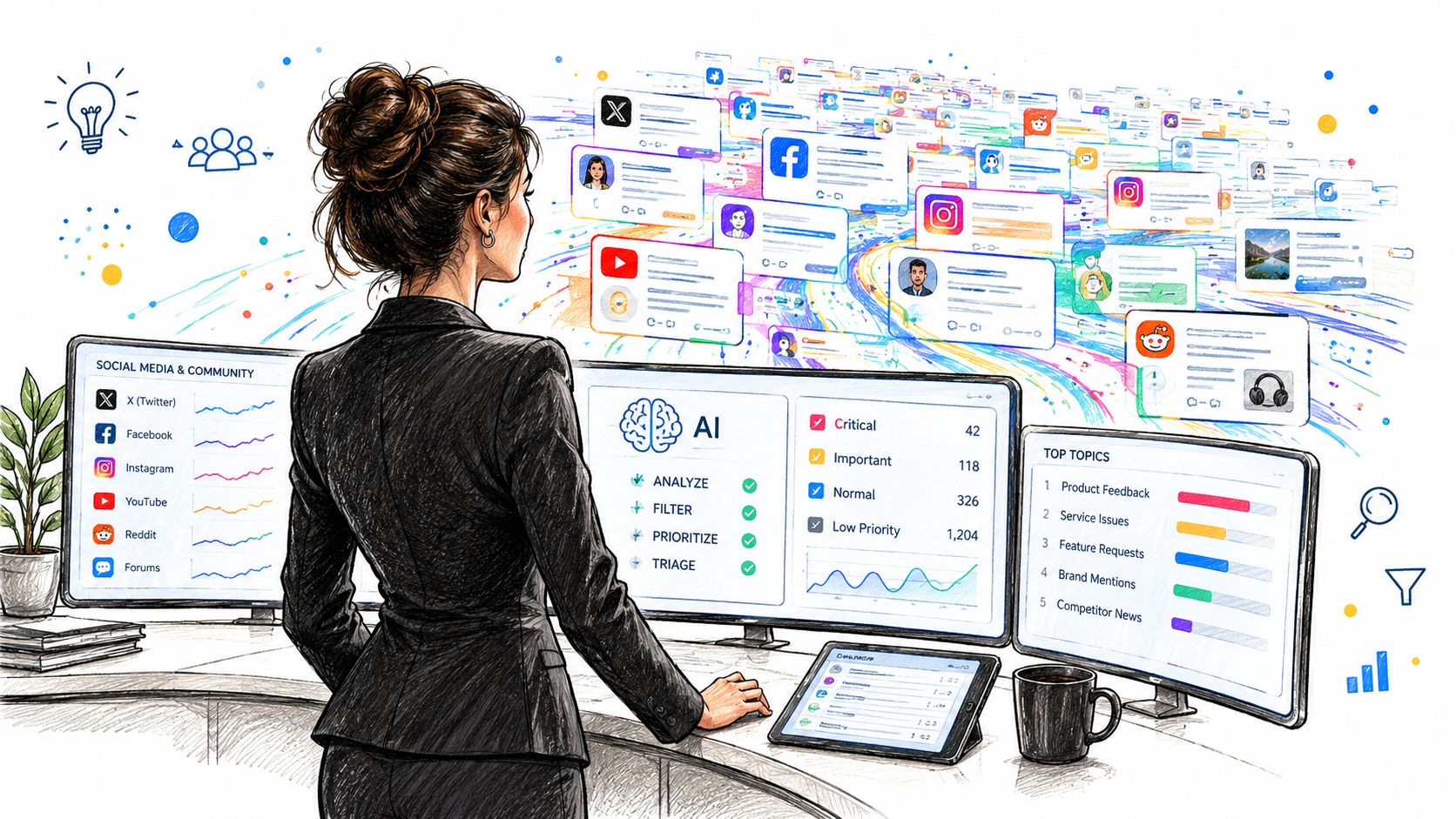 A professional analyzing social media data and community engagement metrics using an AI-powered dashboard on multiple monitors.