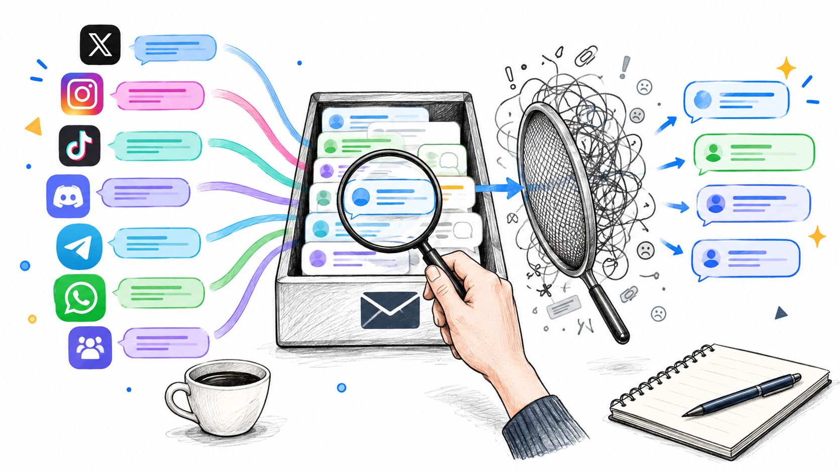 A hand using a magnifying glass to organize messy social media messages into clear actionable items
