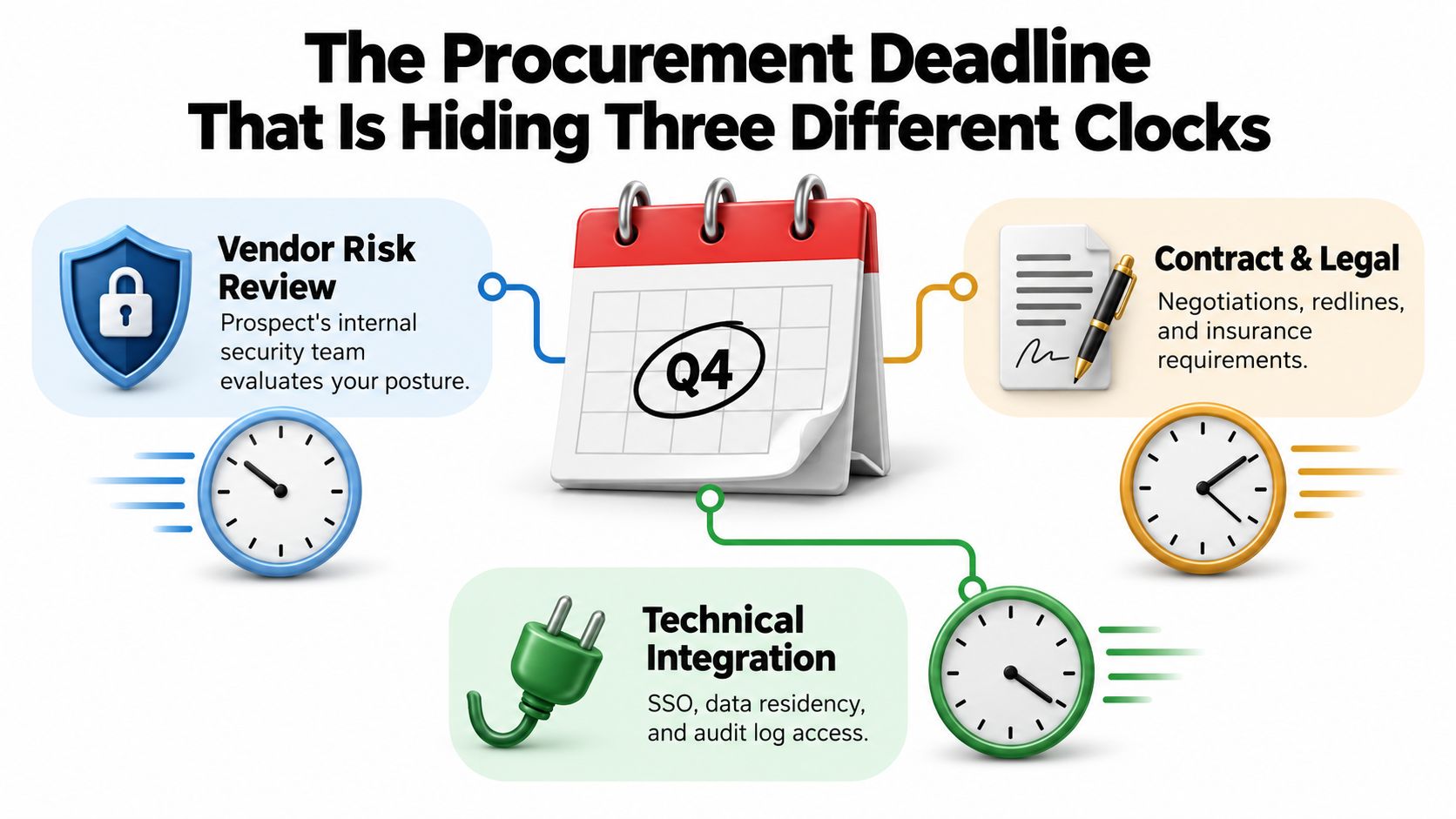 A diagram illustrating procurement stages including vendor risk review, legal contracts, and technical integration during Q4.