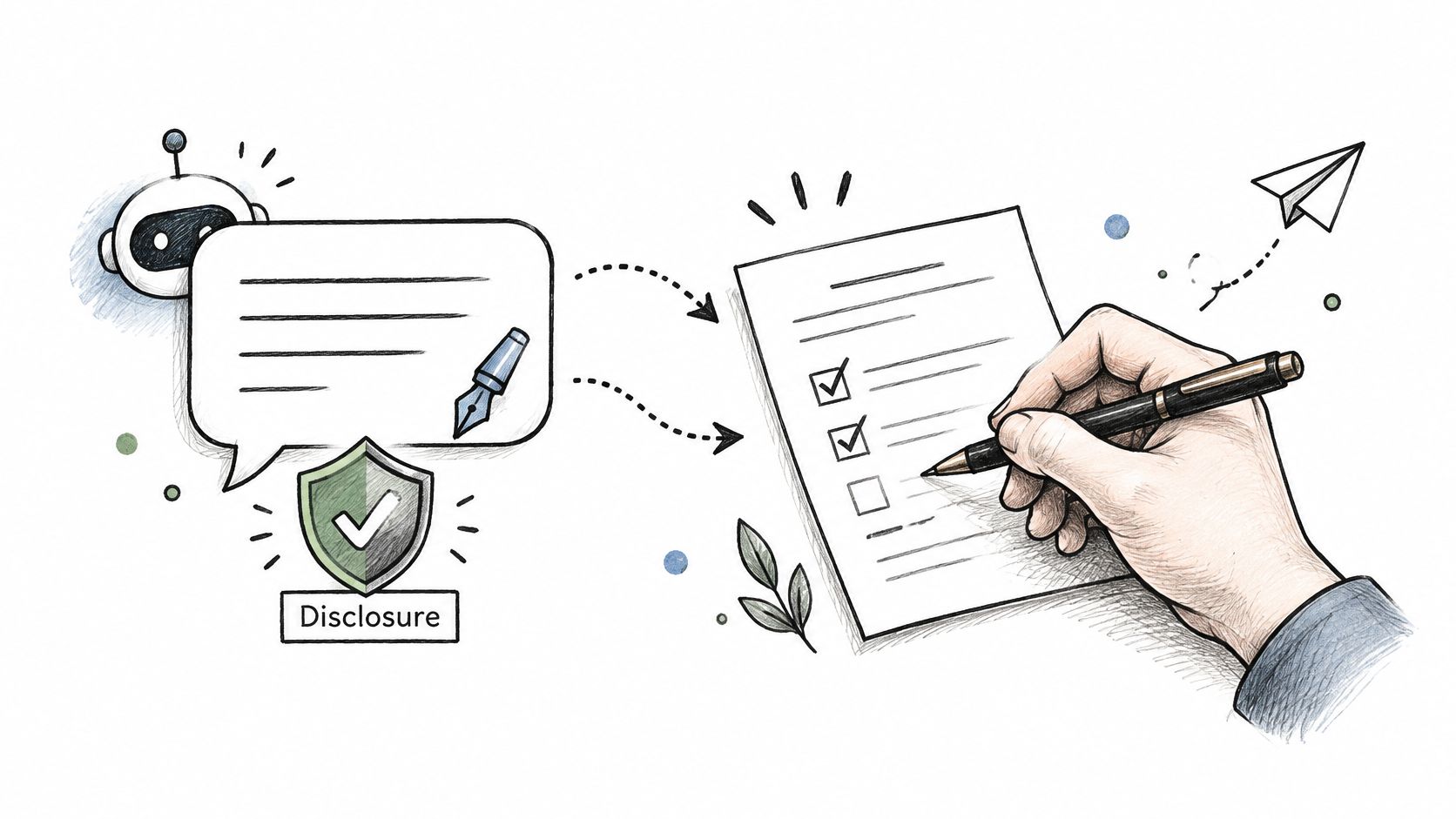A robot communicating with a person filling out a checklist on a paper document about disclosure.