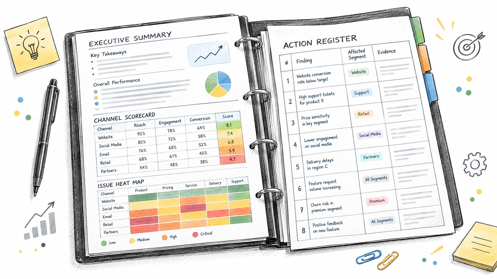 A business binder open on a desk showing an executive summary, channel scorecard, and action register table.
