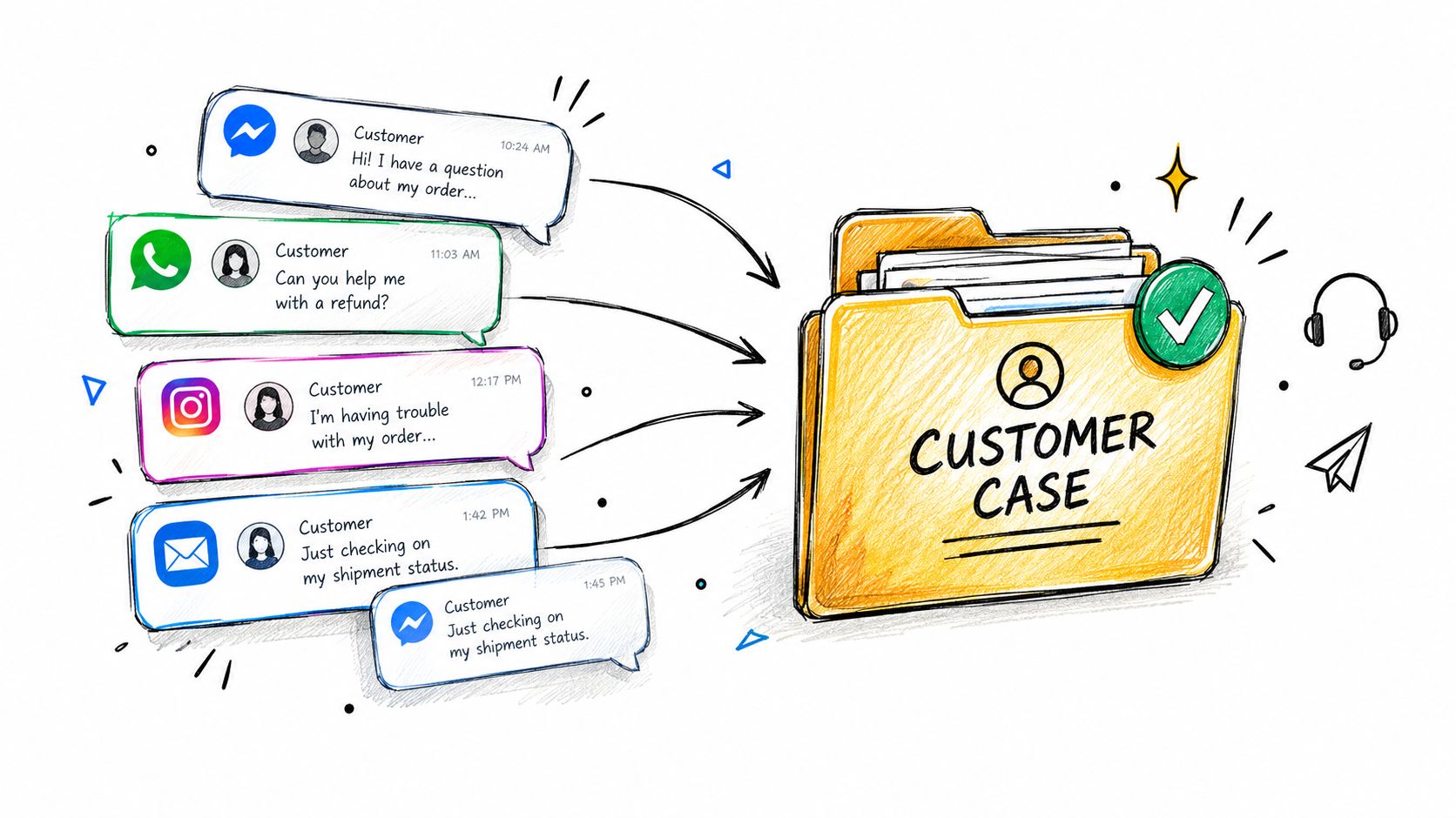 A hand-drawn illustration showing customer messages from various platforms being organized into a single customer case folder.