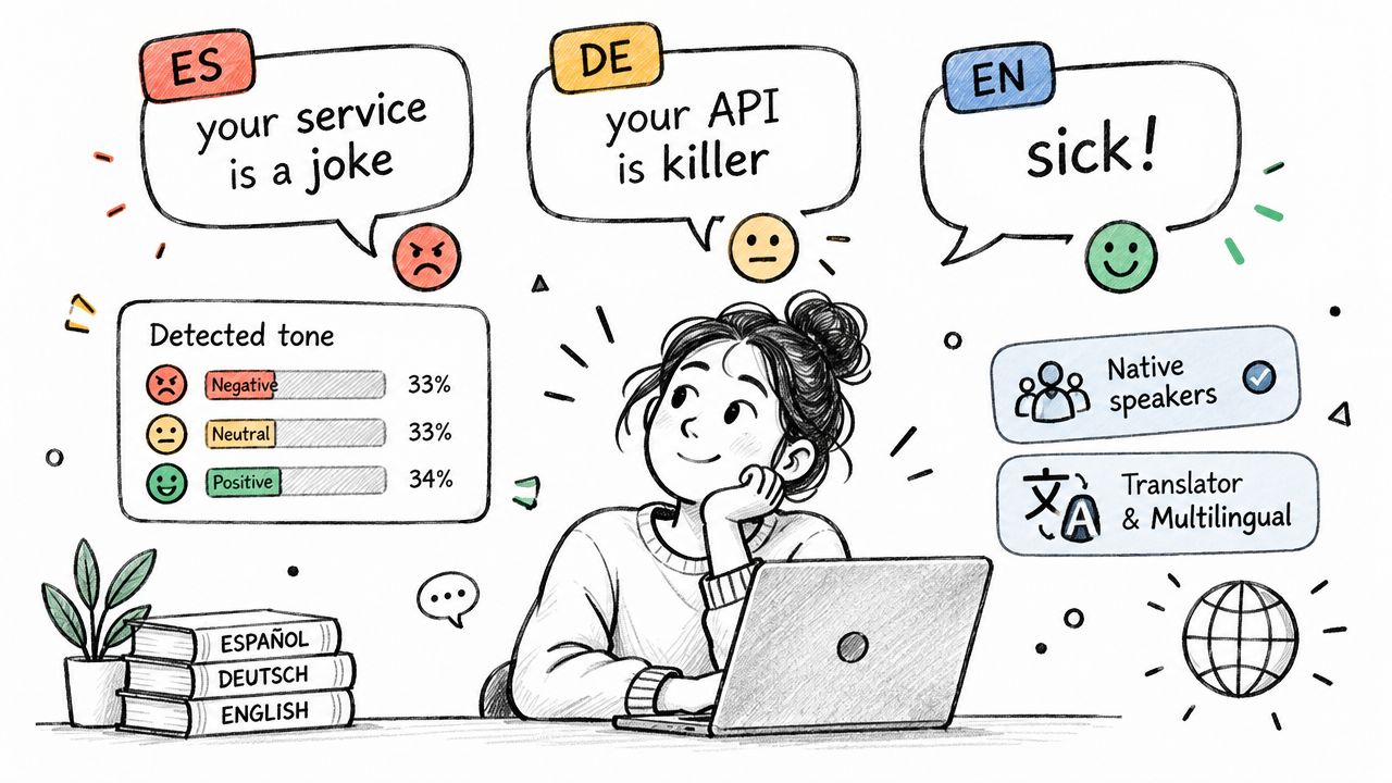 A digital illustration showing a girl working on a laptop analyzing multilingual sentiment and tone analysis.