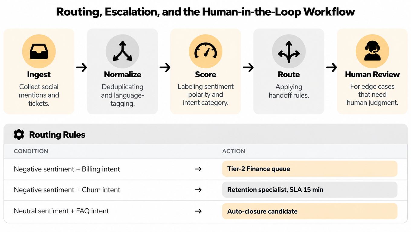 A workflow diagram illustrating routing, escalation, and human-in-the-loop processes with a specific table of routing rules.