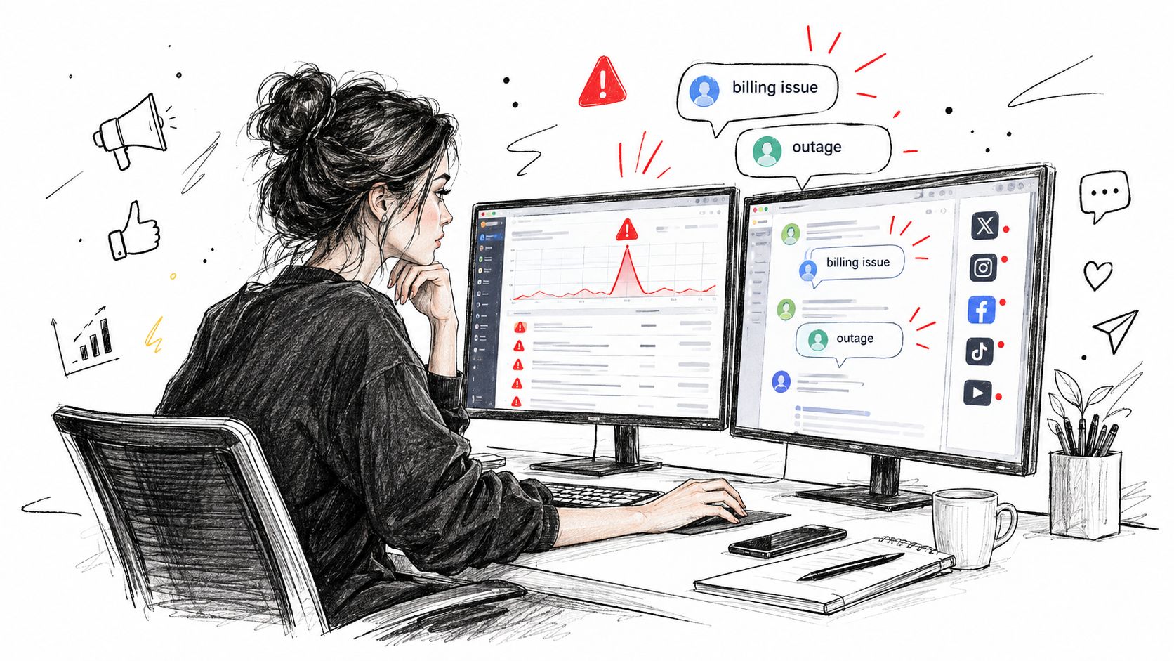 A woman working at her desk monitoring social media trends and customer support issues on two computer screens.