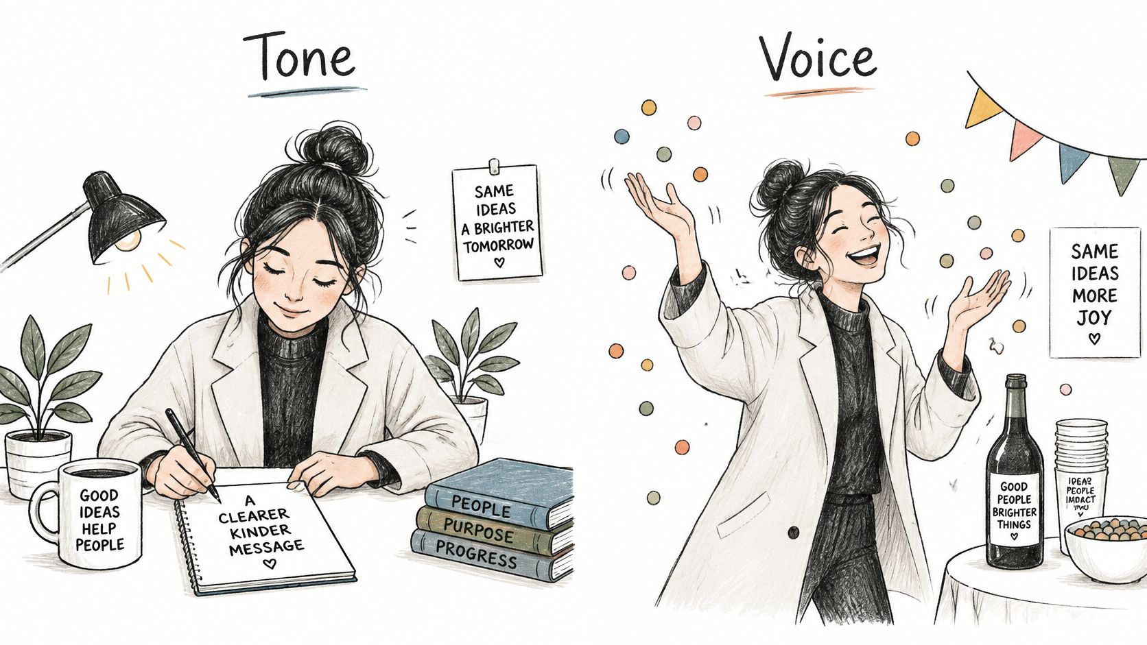 A split illustration comparing tone as focused writing and voice as joyful celebration of creative ideas.