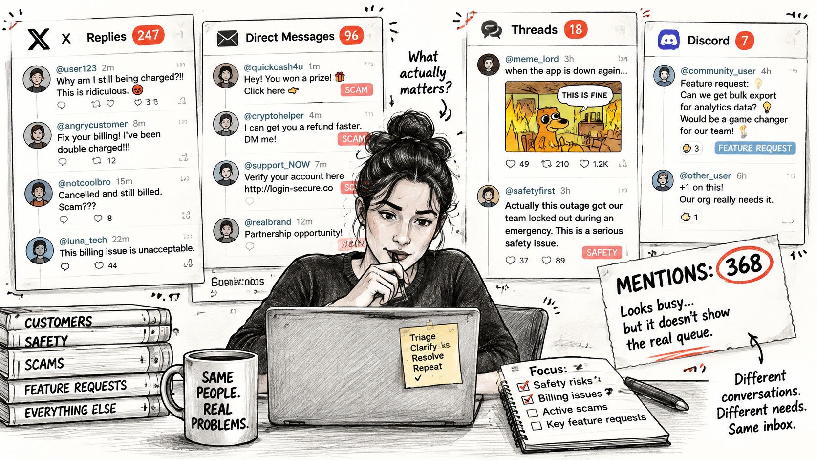 A woman working at a laptop overwhelmed by various social media messages, notifications, and customer support requests.