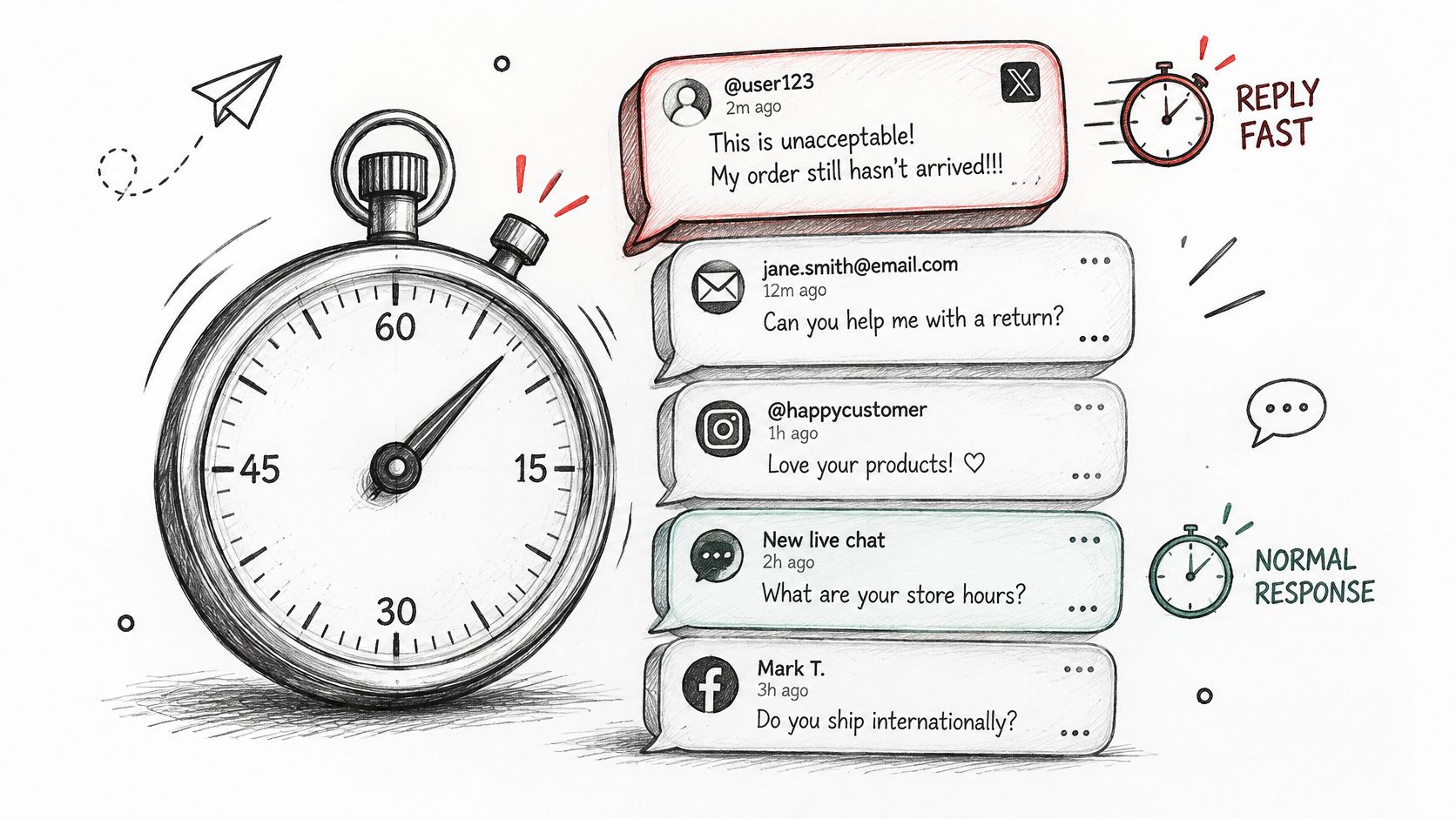 A hand-drawn illustration showing a stopwatch and various social media customer service notifications with response time indicators.