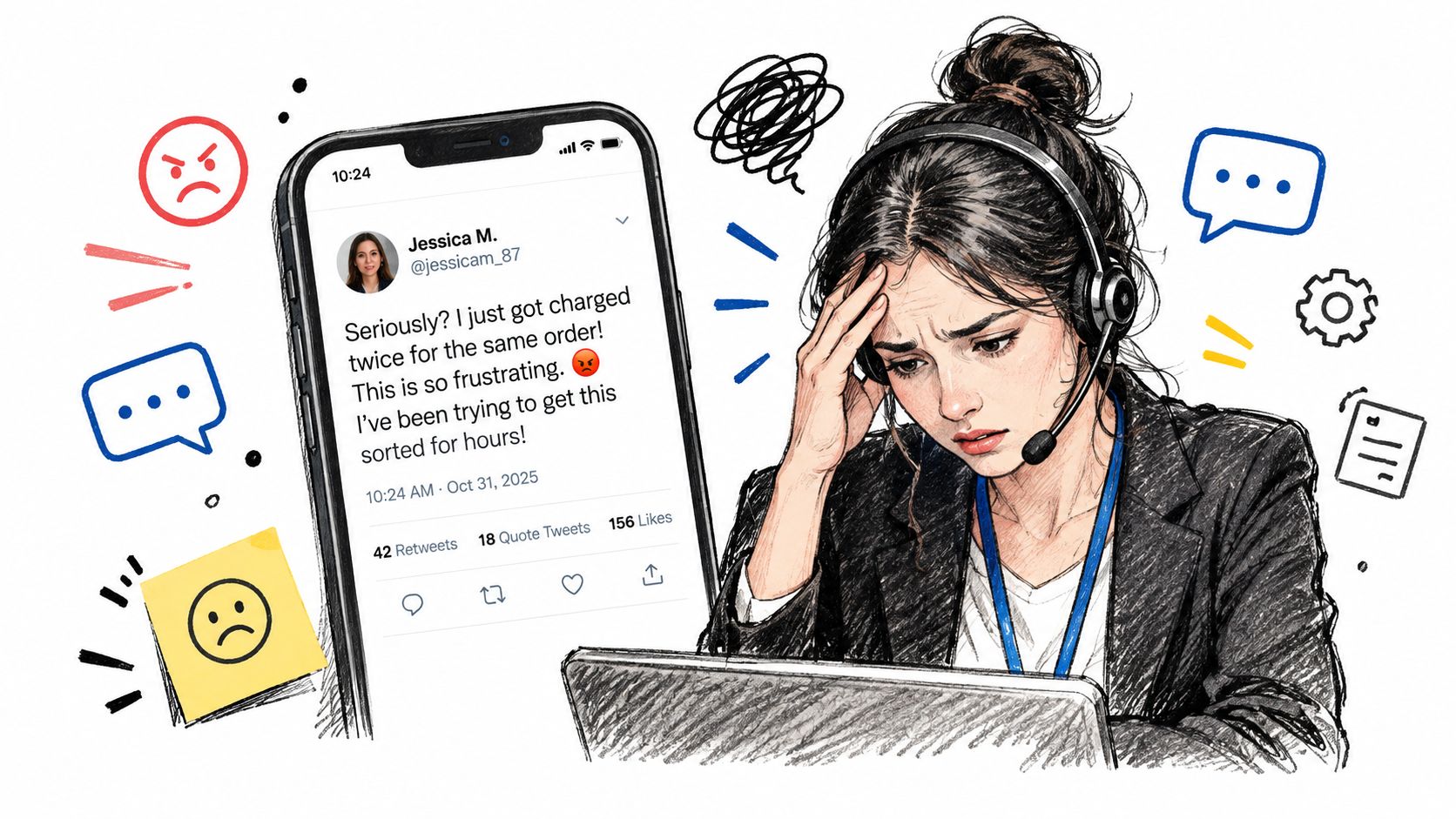 A stressed customer service representative looks at a computer while a negative tweet is displayed nearby.