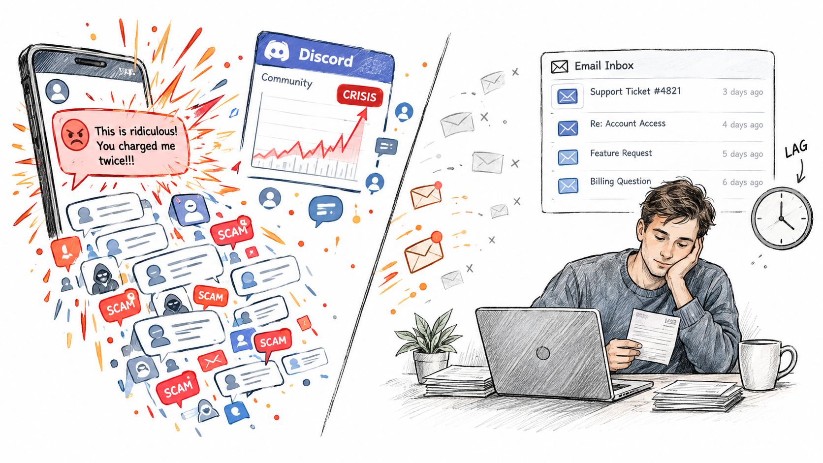 A digital illustration showing the contrast between chaotic real-time customer feedback on mobile and slow email processing.