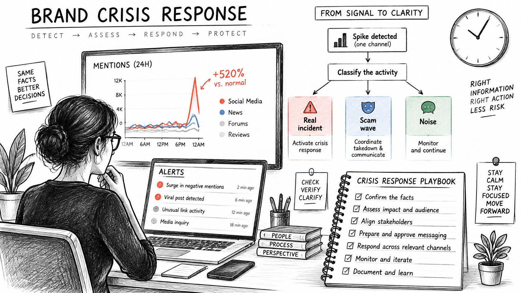 A professional desk scene illustrating a brand crisis management workflow with charts, alerts, and response steps.