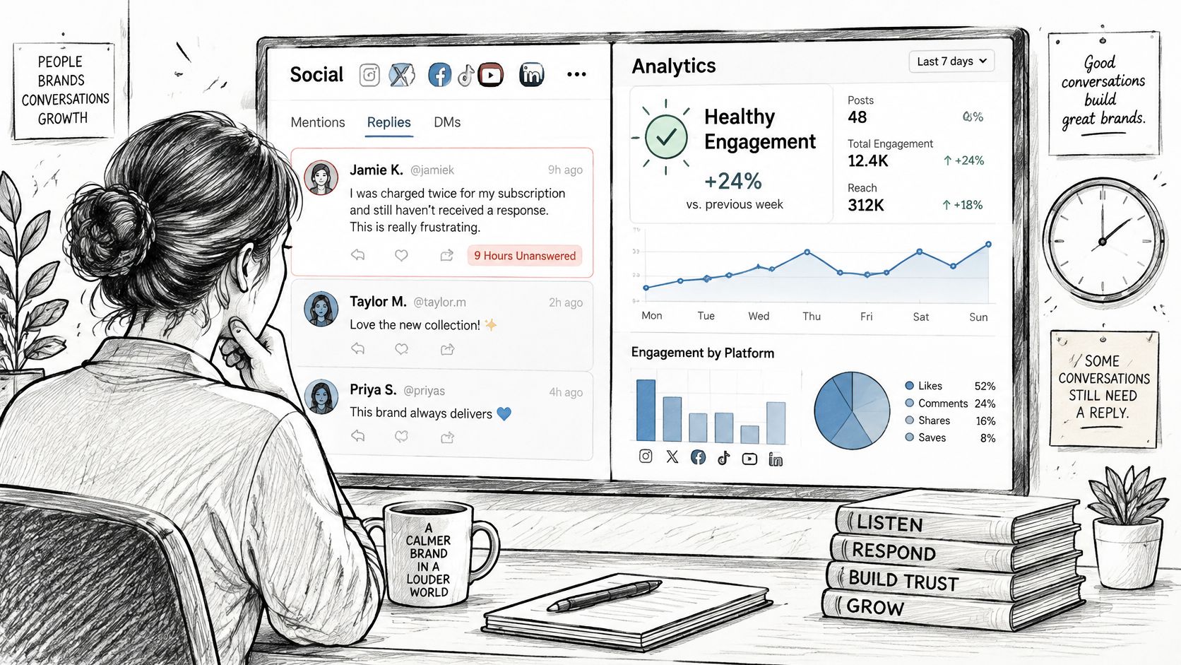 A woman looks at a computer dashboard displaying social media analytics, mentions, and customer replies in a sketch style.