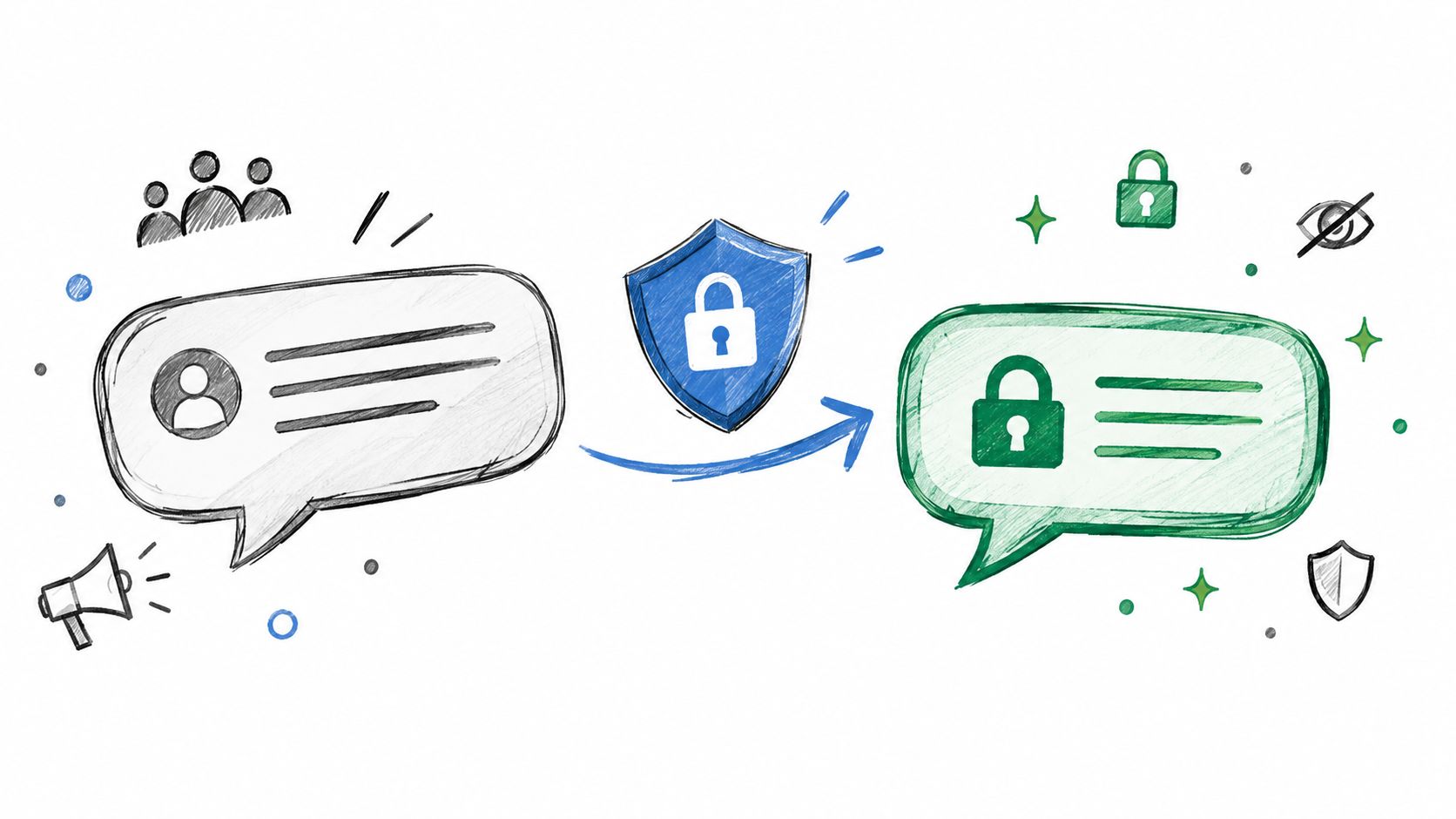 A hand-drawn illustration showing a message bubble being transformed into a secure, encrypted message by a shield.