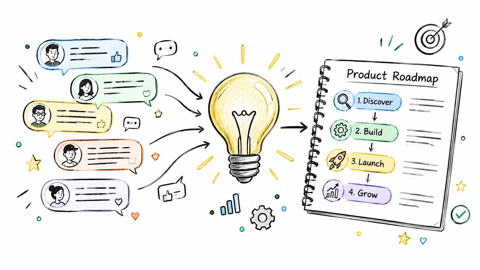 A hand-drawn illustration showing user feedback being synthesized into a central lightbulb idea for product roadmapping.