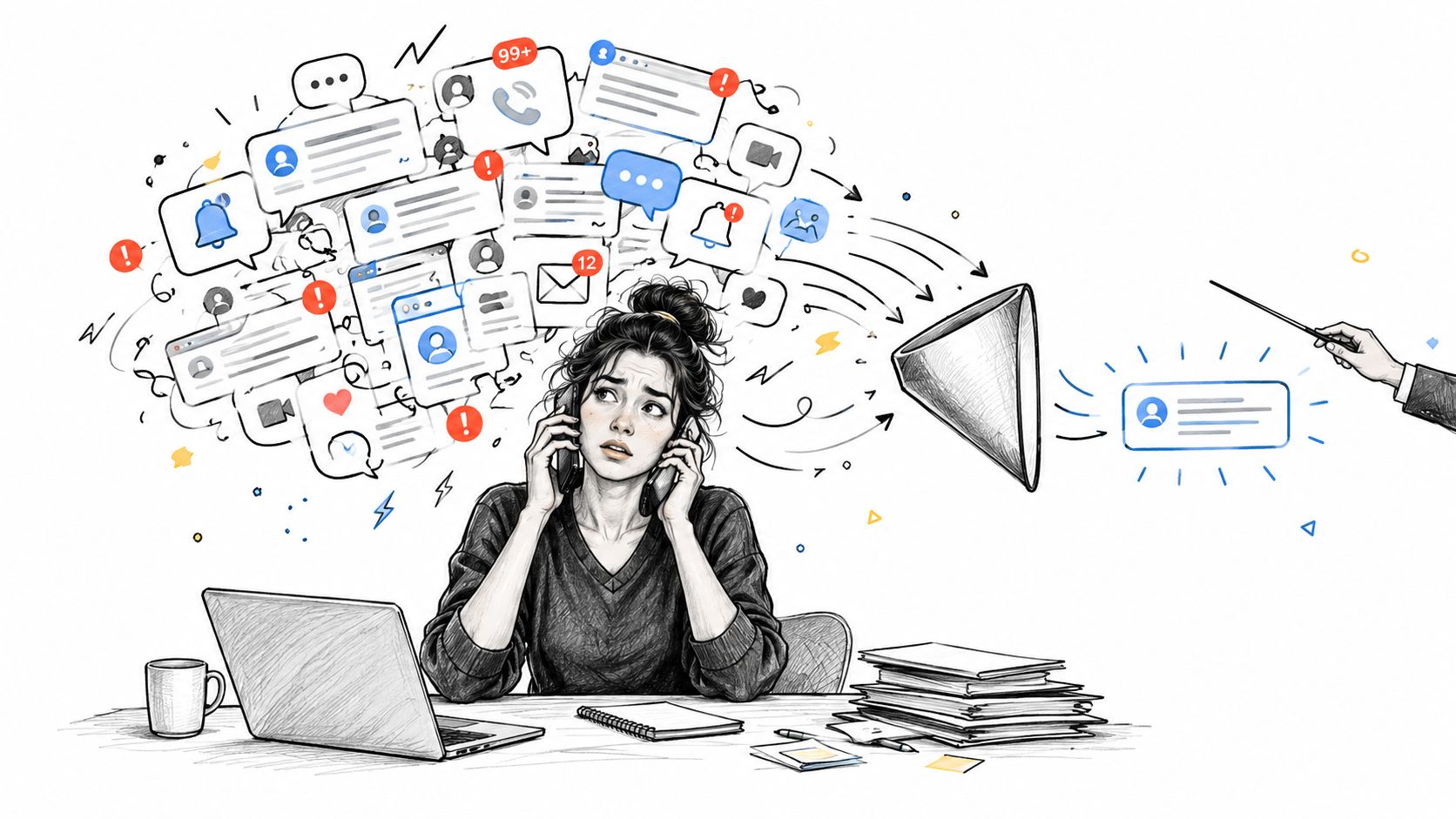 A stressed woman multitasking with phones and laptops amidst a chaotic swirl of social media notifications.