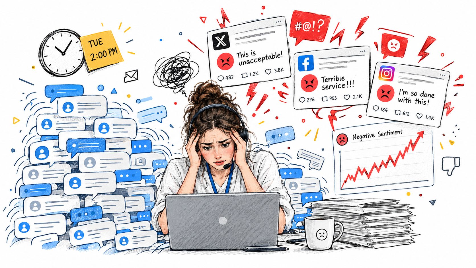 Stressed customer service agent overwhelmed by negative social media messages and a rising chart of complaints.