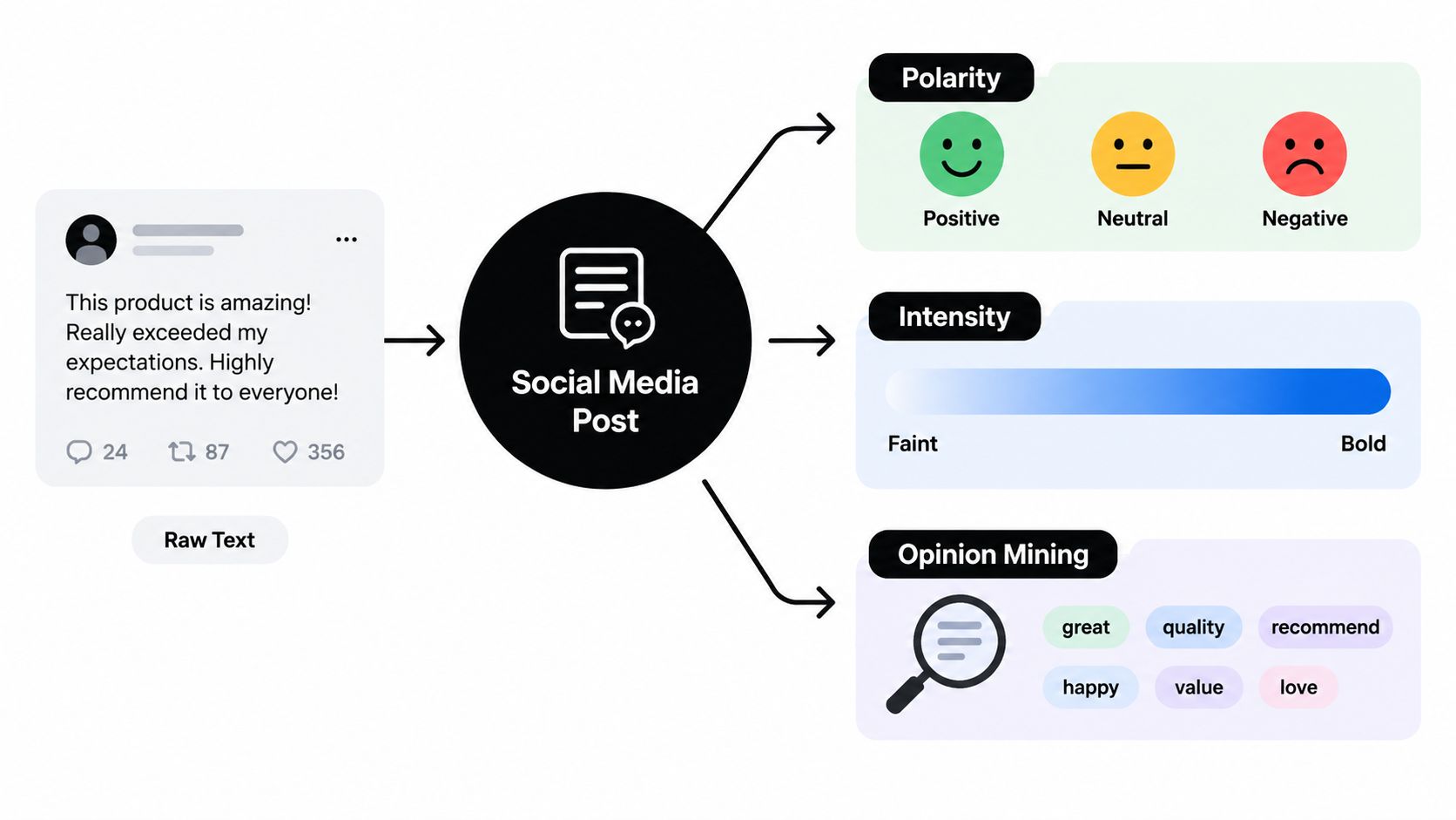 A diagram illustrating how social media sentiment analysis evaluates post polarity, intensity, and key opinion mining terms.
