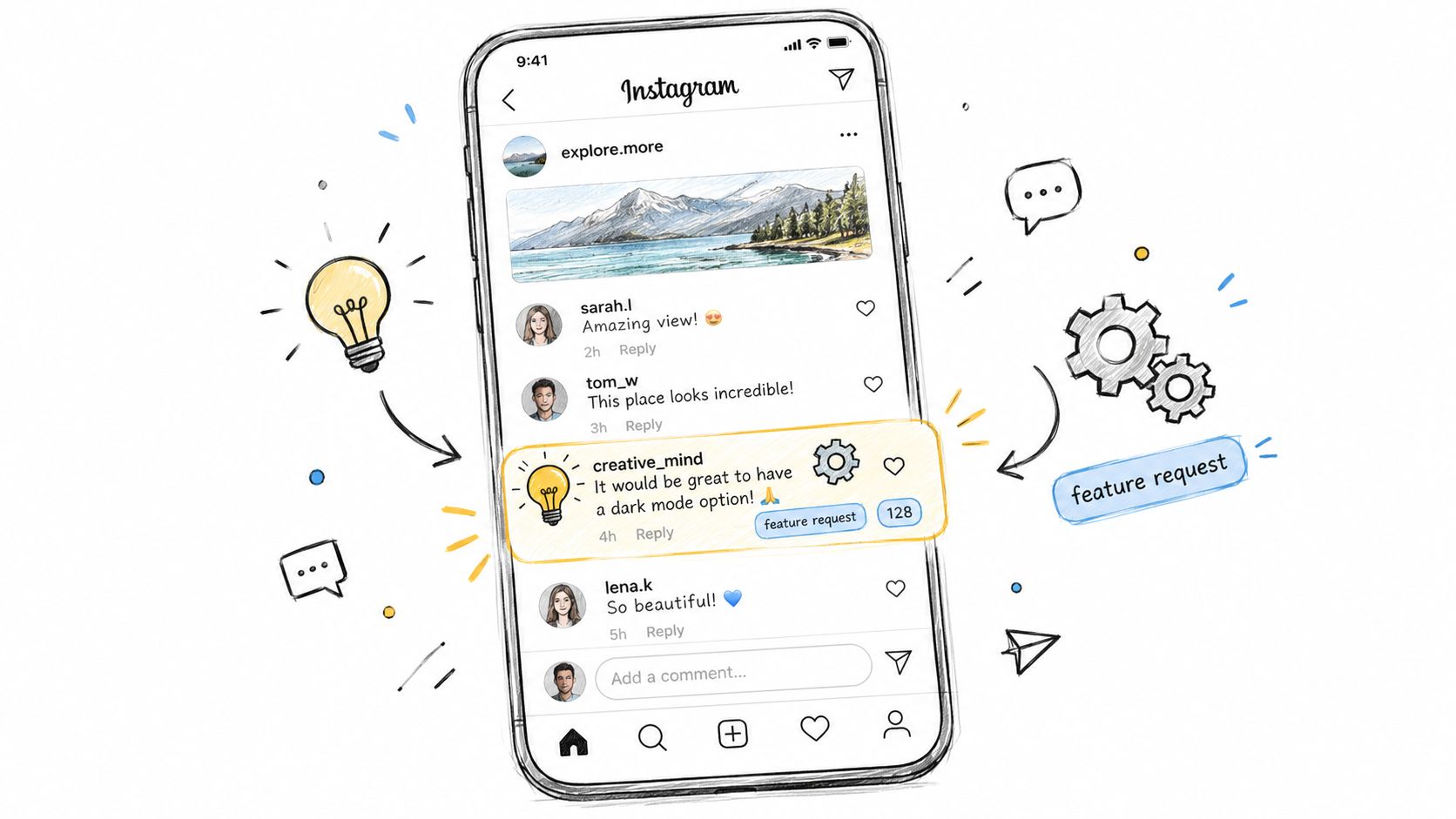 A smartphone showing an Instagram interface where a user comment is highlighted as a feature request.