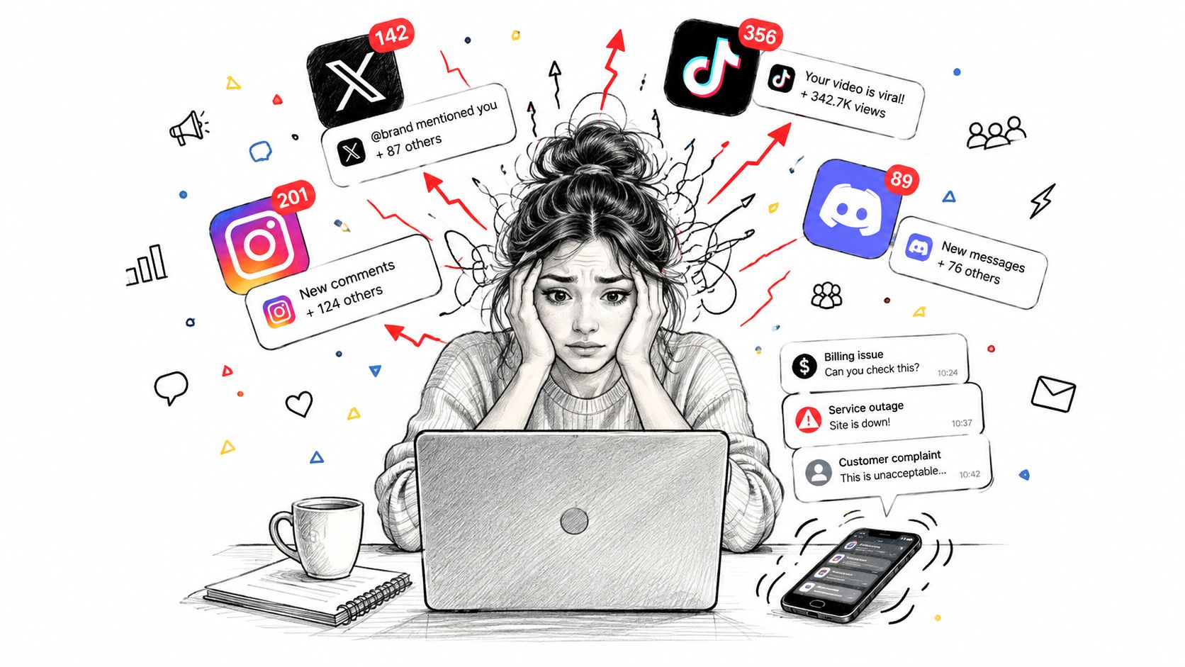 A woman looks stressed while working at a laptop surrounded by overwhelming social media notifications and alerts.