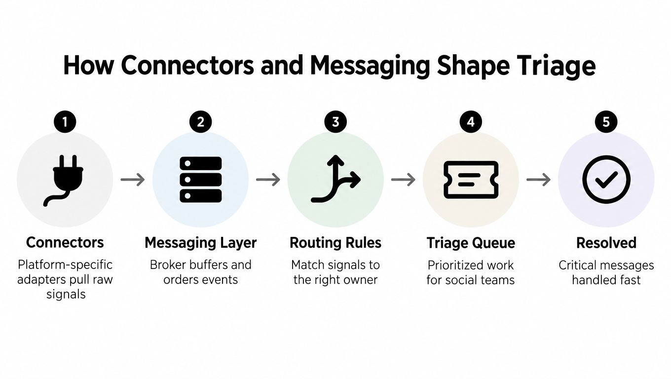 A diagram illustrating the five-step process of social media triage using connectors, messaging layers, and routing rules.