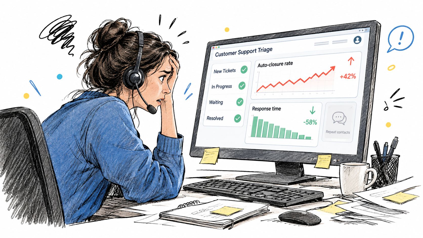 A stressed customer support worker looking at a computer screen showing performance metrics and data charts.