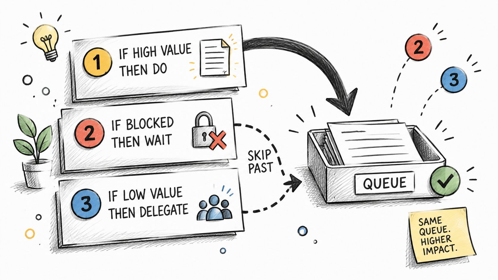 A hand-drawn diagram illustrating a priority workflow for managing tasks with a queue for better productivity.
