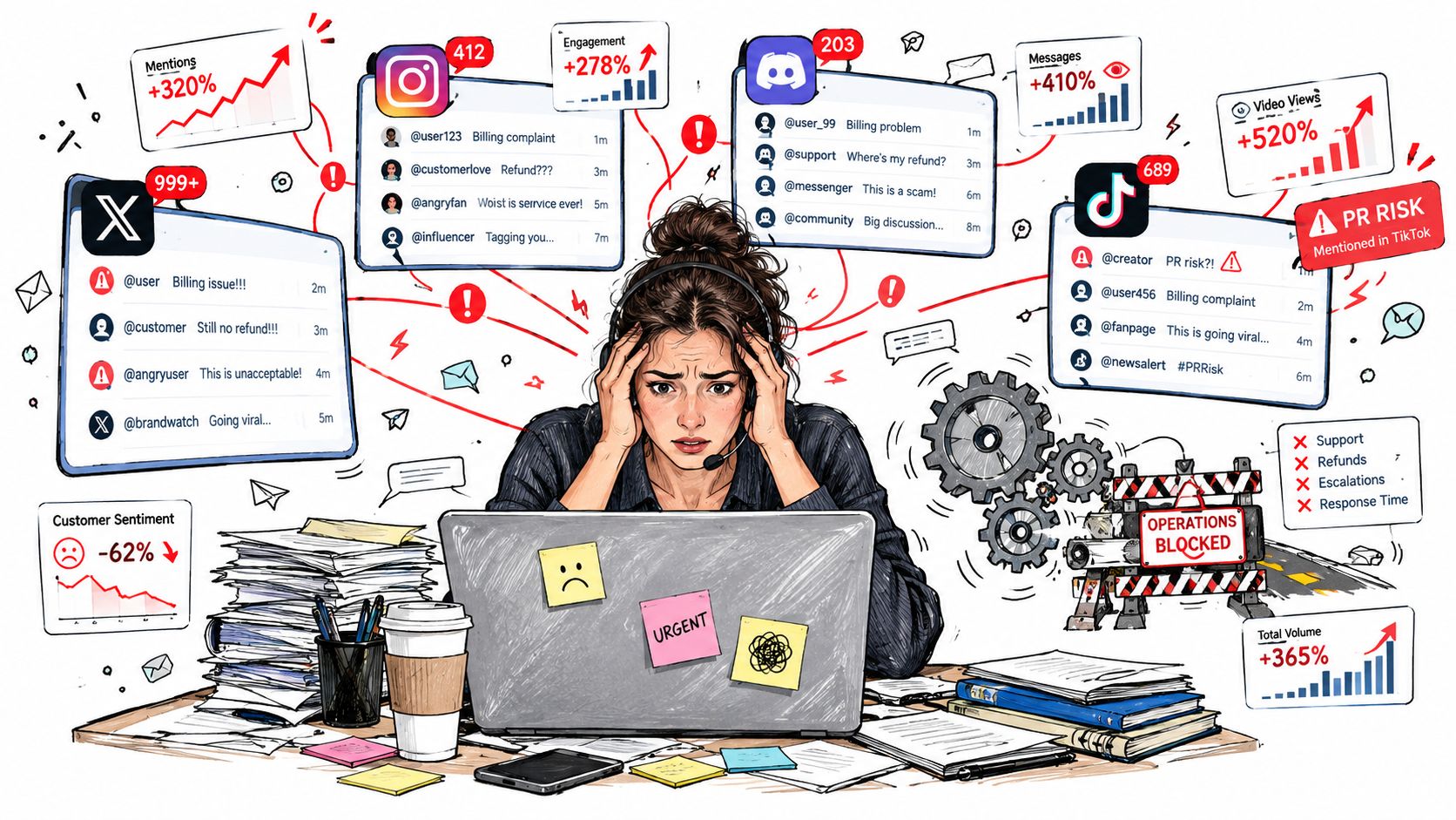 A stressed customer service representative working at a desk overwhelmed by high volumes of social media notifications.