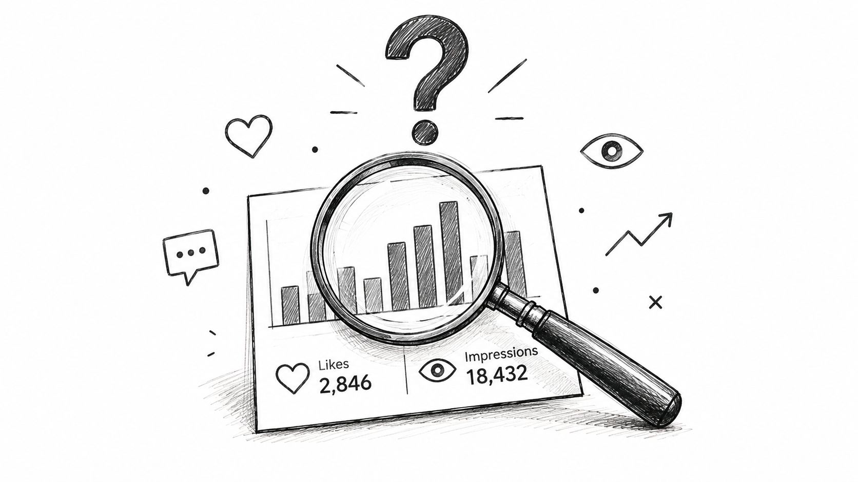 A hand-drawn illustration showing a magnifying glass over a social media analytics chart with engagement metrics.