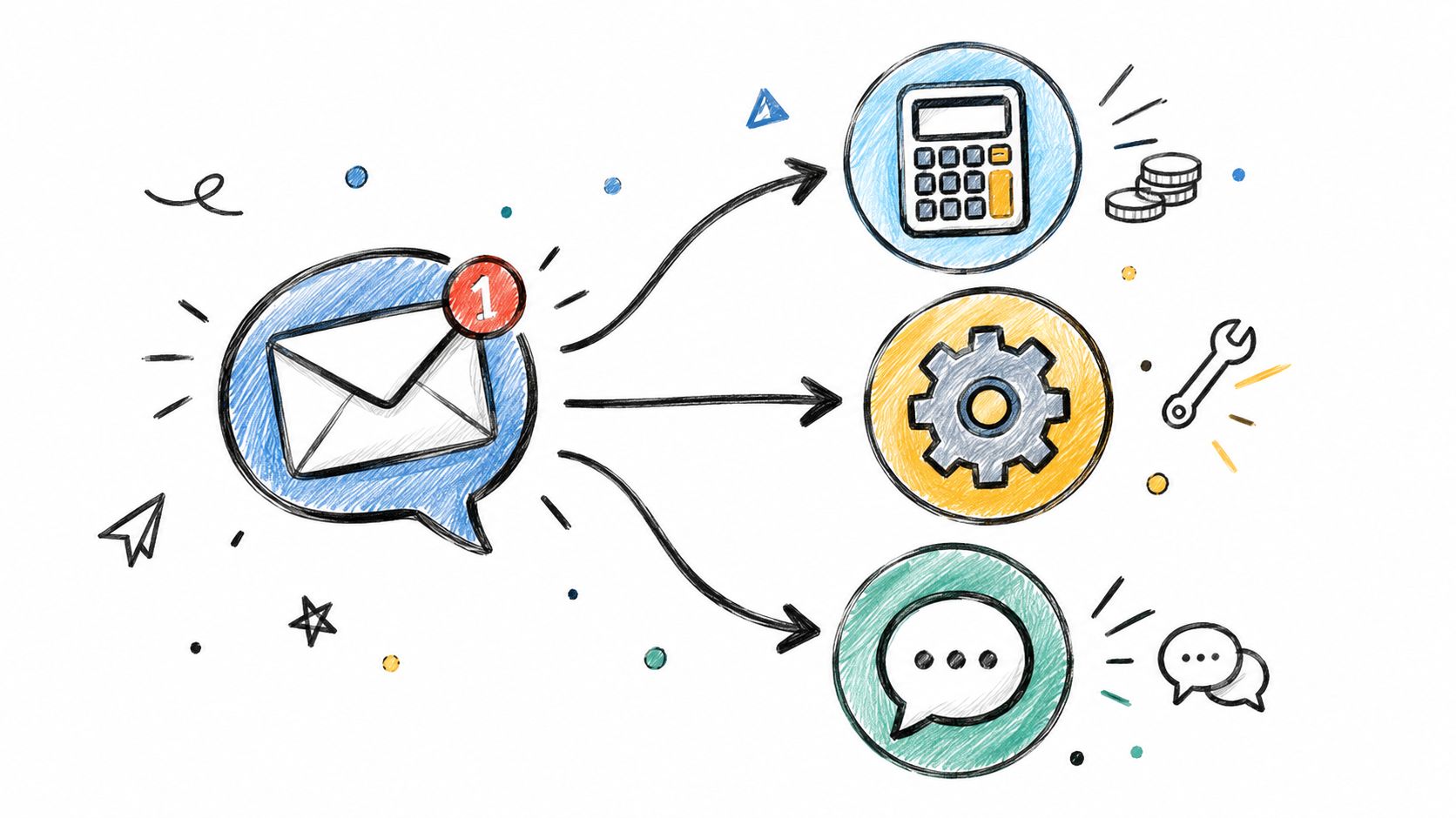 A hand-drawn illustration showing an email notification directing tasks toward a calculator, a gear, and chat bubbles.