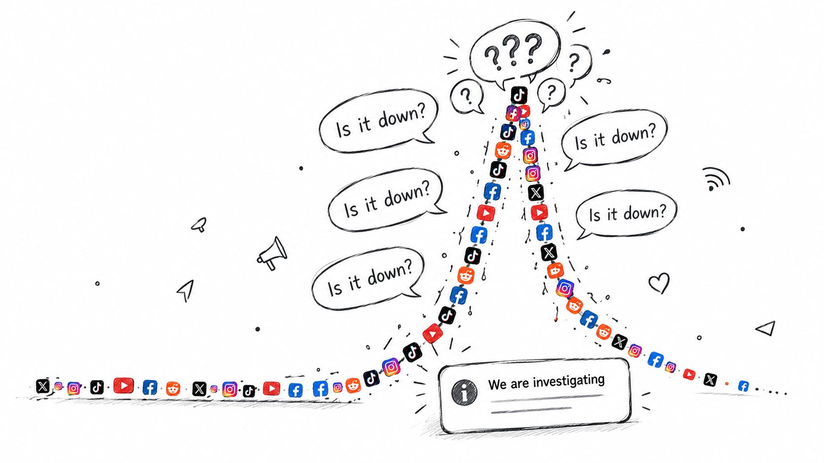 A social media trend illustration showing users asking if platforms are down during a service outage.