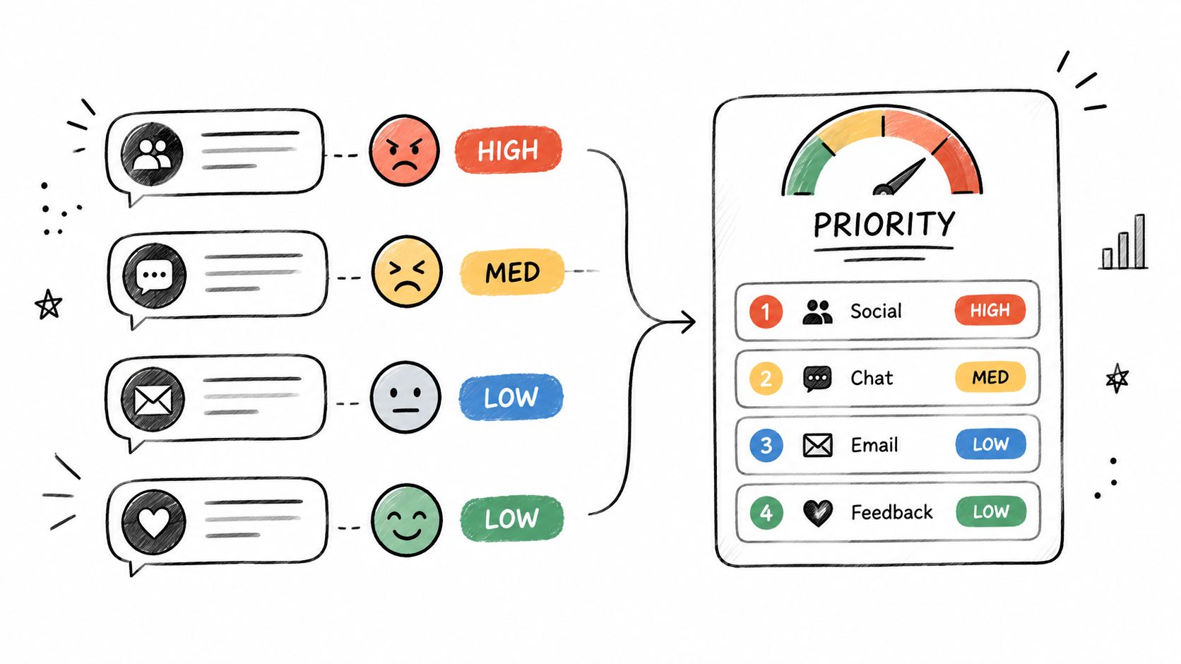 A hand-drawn illustration showing how different customer feedback types are categorized into priority levels.