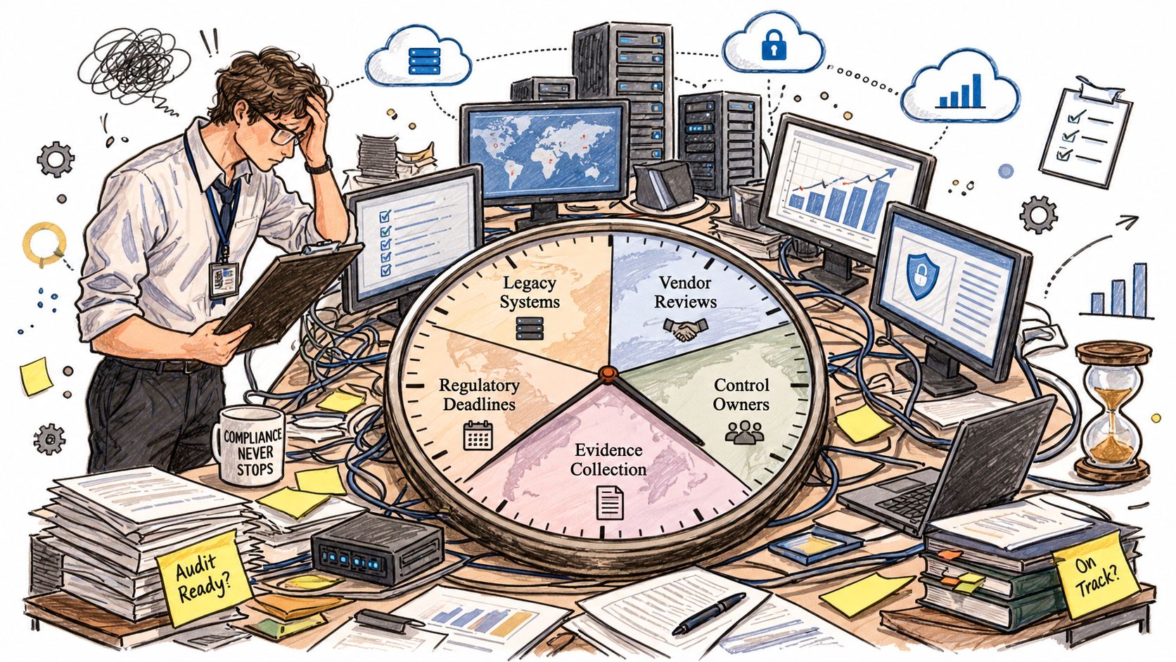 A stressed worker overwhelmed by compliance tasks, audit documents, and complex IT systems in a busy office.