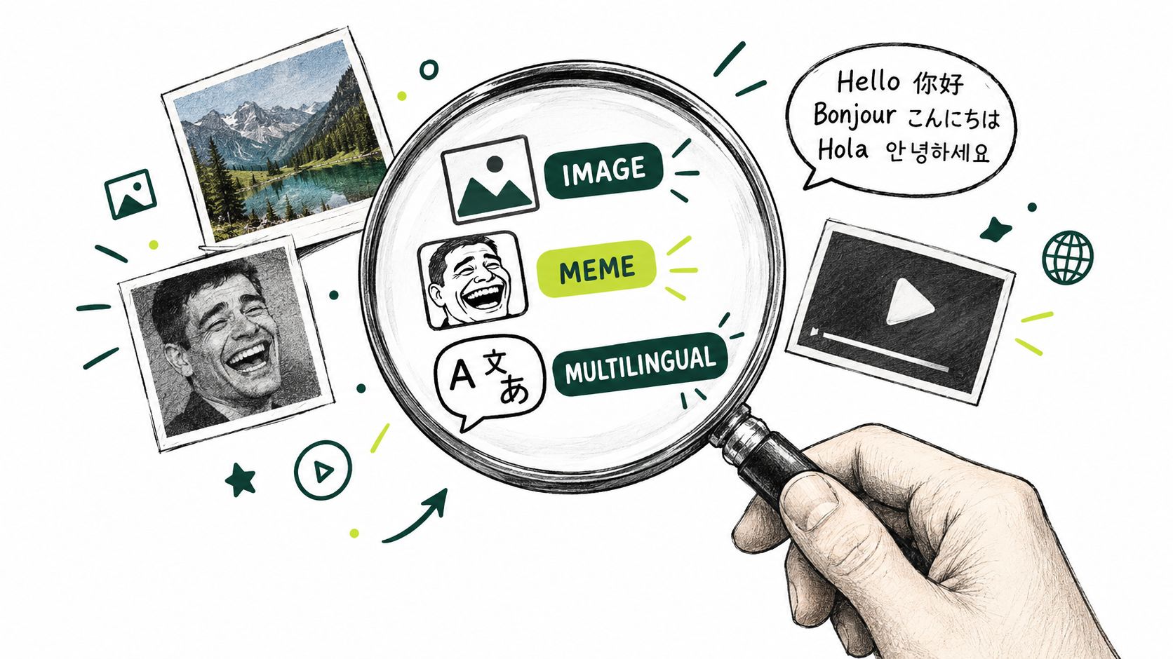 A hand holding a magnifying glass over icons representing images, memes, and multilingual content moderation.